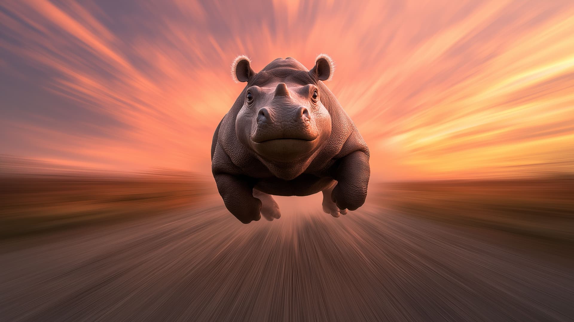 Hippo running through water